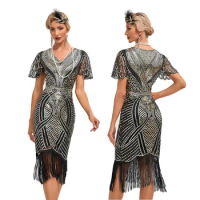 Great Gatsby Cosplay Dress 1920S Flapper Retro Prom Embroidered Tassel Dress Cocktail Party Large Sequin Beaded Mesh Dress