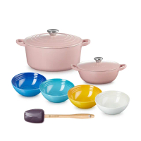 【Le Creuset】琺瑯鑄鐵鍋圓鍋24cm-甜心粉+媽咪鍋18cm-甜心粉+里維埃拉系列早餐穀片碗16-4入組(贈 B鏟杓)