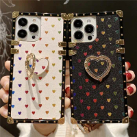 Diamond Ring Holder Love Heart Glitter Square Phone Case For VIVO X50 X60 X70 X30Pro X27 X23 S12 S10 V20E V21 V25 Y76 Cover