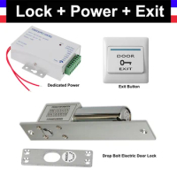 Drop Bolt Electric Mortise Door Lock + Power Supply box + Door Exit Button for Video doorbell Door Access Control System