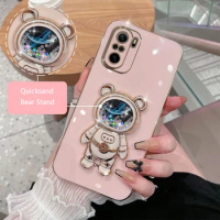 Quicksand Space Bear Holder Plating Phone Case For OPPO Reno 8 Reno 7 5G 6 5 Lite Find X3 Pro X5 Lite F19 Pro Plus Stand Cover