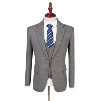 Latest Coat Pant Designs Suit Wool Grey Tweed Retro British Style Wedding Slim Fit Blazer Business Suits For Men 3 Piece