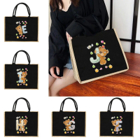 Jute Tote Bag Jute Handbag Shoulder Bag Sacks Jute Women Shopping Pouch Bags Bear Letter Pattern