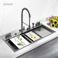 Asras SUS304 black nano rectangular handmade sink with cup washer with drain and kitchen faucet-12050NT-2