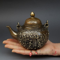 古玩銅器供應 仿古純銅百子祝壽壺擺件 水壺茶壺家居裝飾禮品收藏1入
