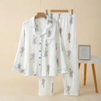 Women's Spring Pajama Set Lily Print Long Sleeve Trousers Cotton Ladies 2 PCS Sleepwear Single Breasted Pijama for Female 2023