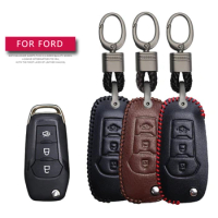 Leather key Case Car Key Cover For Ford Ranger Accessories Fusion Fiesta Mondeo Mk4 Escort Everest Car Keychain Key Cover Cap