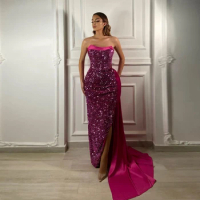 Shiny Sequins Mermaid Evening Dresses Pretty Strapless Satin Long Prom Gowns With Train Lace-up Back Side Split Evening Gowns