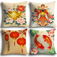 4pcs Chinese New Year Throw Pillow Covers | Traditional Oriental Art With God Of Wealth, Peony, Koi,