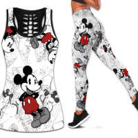 Disney Mickey Mouse Set Pakaian Yoga Wanita Rompi Berongga + Legging Yoga Untuk Fitness Setelan Olah