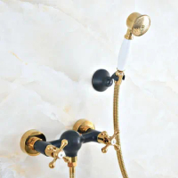 Black Gold Wall Mounted Bathroom Bath Faucet Mixer Tap With Hand Shower Head Shower Faucet Set zna514