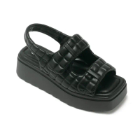 【STEVE MADDEN】WESTERLY 絎縫格紋雙帶方頭厚底涼鞋(黑色)