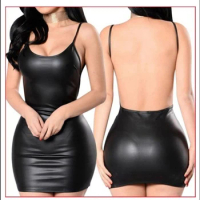 Fashion Women Sexy Bandage Bodycon Faux Leather Dress Sleeveless Backless Skinny Dress Club Evening Party Black Short Dress