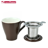【Tiamo】16號陶瓷馬克杯-附杯蓋/濾網組350cc-咖啡色(HG0760BR)