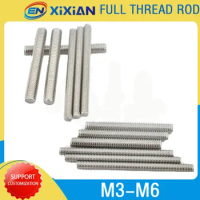 M3 M4 M5 M6 304 Stainless Steel Full Threaded Bar Fully Metric Thread Rod Screw Bolt Stud Length 20mm 50mm 100mm 200mm 500mm