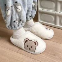 Bear Plush Slippers For Women Men Fashion Kawaii Fluffy Winter Warm Slippers Lovers Cartoon Teddy Bear House Shoes TG03