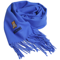 MOSCHINO 義大利製美麗諾羊毛小熊圖騰字母LOGO刺繡圍巾(湛藍色)