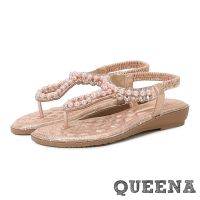 【QUEENA】坡跟涼鞋 T字涼鞋/華麗珍珠蕾絲花邊燙鑽T字夾腳坡跟涼鞋(粉)