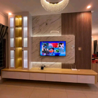 Backdrop TV Panel Dinding Dekoratif Meningkatkan Estetika Ruangan dan Penyembunyi Kabel dengan Fungs