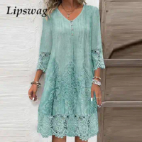Lady Casual 3/4 Sleeve Solid Commuter Dress Summer Sexy Lace Splicing Party Dress Spring Fashion V-Neck Button Loose Midi Dress