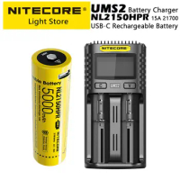 NITECORE UMS2 Battery Charger, NL2150HPR 21700 Li-ion 15A 5000mAh High Drain Unlimited Energy 18Wh USB-C Rechargable