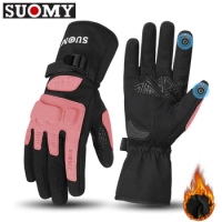 SUOMY Pink Motorcycle Gloves Winter Plus Velvet Warm Riding Motocross Motorbike Thickened Waterproof Cold-proof Long Moto Gloves