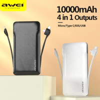 Awei P51K 3 in 1 Portable Powerbank 10000mAh With Data Cable USB Type-C Output Mobile Powerful Power Bank Fast Charge Free Ship