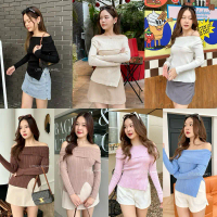 littlesoulmate เสื้อปาดไหล่ไหมพรมเกาหลี ปาดไหล่ผ้าร่อง ผ่าข้างสับๆ(lhong)  Women Clothing ผู้หญิง ชม