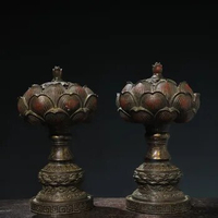 11"Tibetan Temple Collection Old Bronze Cinnabar Mud gold Lotus Baolian Lamp Oil Lamp A Pair Candlestick Worship Hall Town house