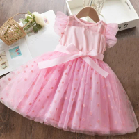 Toddler Girls Princess Dress Flying Sleeves Polka Dotted Mesh Dresses 2024 New Summer Tulle Tutu Solid Dress for 2-6 Yrs Kids