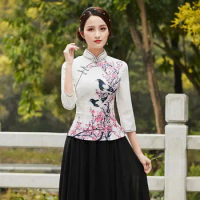 Cheongsam Women's Plus Size Stand Collar Tops 2023 Spring Cotton Blend Prints Tradition Chinese Style Hanfu Qipao Shirts Woman