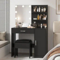 Makeup Vanity with Lighted Mirror, Desk Drawer and Storage Cabinet, Dresser Mirror Dressing Table for Bedroom, Bathroom, Black