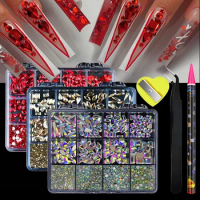 12Grids Rhinestones For Nails Jewelry Set AB Champagne Flat Bottom 3D Crystal With Stainless Steel Tweezers Pen manicure Art