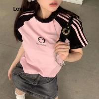 เสื้อยืดผูกคอนทราสต์ขนาดใหญ่สำหรับผู้หญิง ลำลอง ตัวอักษรสีบล็อก lne13009 (สีชมพู) คอนทราสต์ผูก บล็อก