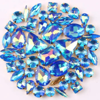Gold claw setting 50pcs/bag shapes mix jelly candy sapphire AB glass crystal sew on rhinestone wedding dress shoes bags diy