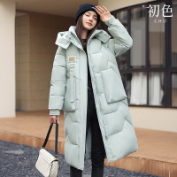 初色 韓版莫蘭迪色系中長款可拆卸式連帽加厚科技羽絨棉外套女外套-共4色-39124(M-3XL可選)