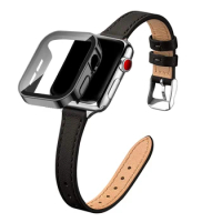 Slim Leather Band+PC Case for Apple Watch Strap 41mm 45mm 40mm 44mm Screen Protector Cover Bracelet iWatch SE 7 6 5 4 Wristband
