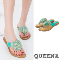 【QUEENA】坡跟拖鞋 夾腳拖鞋/波西米亞民族風甜美愛心串珠造型坡跟夾腳拖鞋(綠)