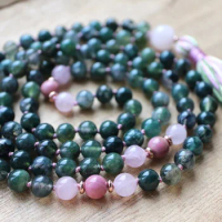 On Sale Aquatic Agates Mala Beads 108 Mala Necklace RoseQuartz&amp;Rhodonite Necklaces Meditation Necklace Knotted Necklaces