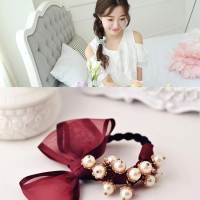 【梨花HaNA】韓國甜蜜雪紡珍珠蝴蝶結緞帶髮圈