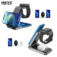 HKYC 15W Qi Fast Wireless Charger Stand For iPhone 11 XR 8 Apple Watch 3 in 1 Foldable Charging Dock Station for Samsung Huawei
