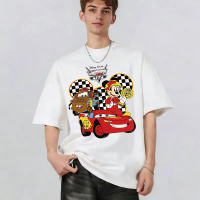 เสื้อยืดลายการ์ตูน Cars Mickey Mouse คอกลม แขนสั้น oversize สีขาว เสื้อยืดผู้ชายผู้หญิง ผ้า cotton น