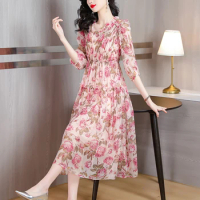 2023 New Fashion Silk Printed Dress Women's Summer Retro Round Neck 3/4 Sleeve Loose Fit Casual Holiday Dress