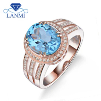 LANMI Fantastic Beauty Oval 8x10mm Solid 14Kt Rose Gold Ring For Women Stone Natural Blue Topaz R0315