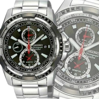 【SEIKO 精工】CS三眼系列/黑面精鋼鬧鈴計時腕錶43㎜-加高級錶盒 經銷商S6(SNAD99P1/7T62-0KK0R)
