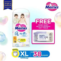 Merries Premium Popok Bayi Celana XL (12-22)kg isi 38 pcs Free Merries - Paseo Hello Baby Flushable 