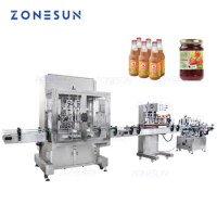 ZONESUN Full Automatic Production Line 4 Heads Servo Honey Oil Shampoo Round Bottle Jar Filling Capping Labeling Machine