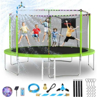 Upgraded 14FT Trampoline for Kids and Adults, Large Outdoor Trampoline with Stakes, Light, Sprinkler, Backyard Trampoline with B