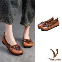 【Vecchio】真皮便鞋 拚色便鞋/全真皮頭層牛皮復古拚色中國結扣設計舒適便鞋(棕)