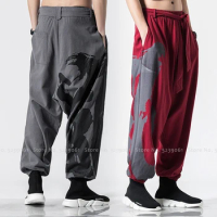 Men Hanfu Loose Harem Pants Chinese Style Retro Print Bloomers Kung Fu Tai Chi Uniforms Bottoms Japanese Samurai Casual Trousers
